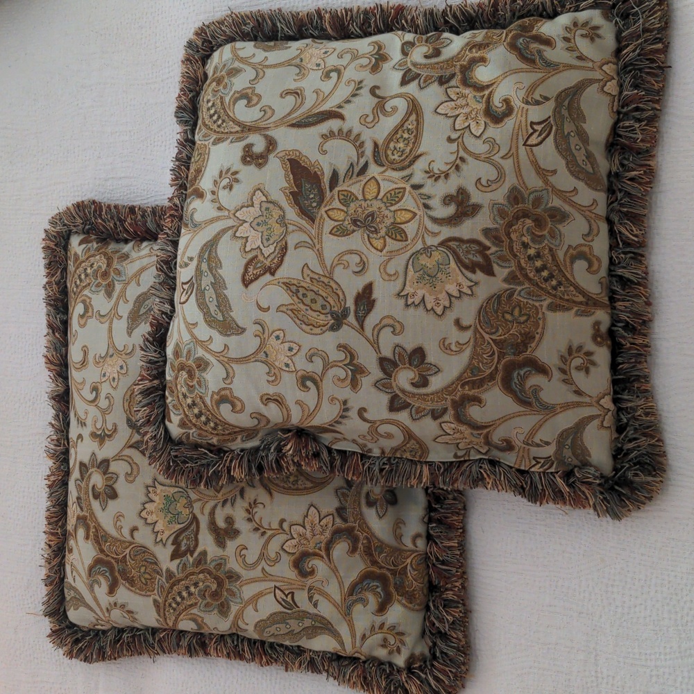 Two teal Waverly paisley 18x fringed throw pillows